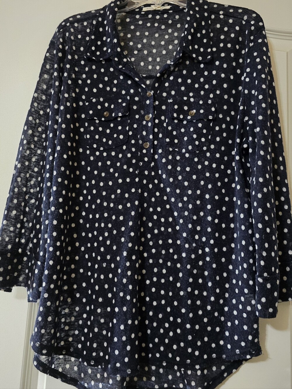 Aeropostale Navy and White Polka Dot Button-Front Women's Shirt